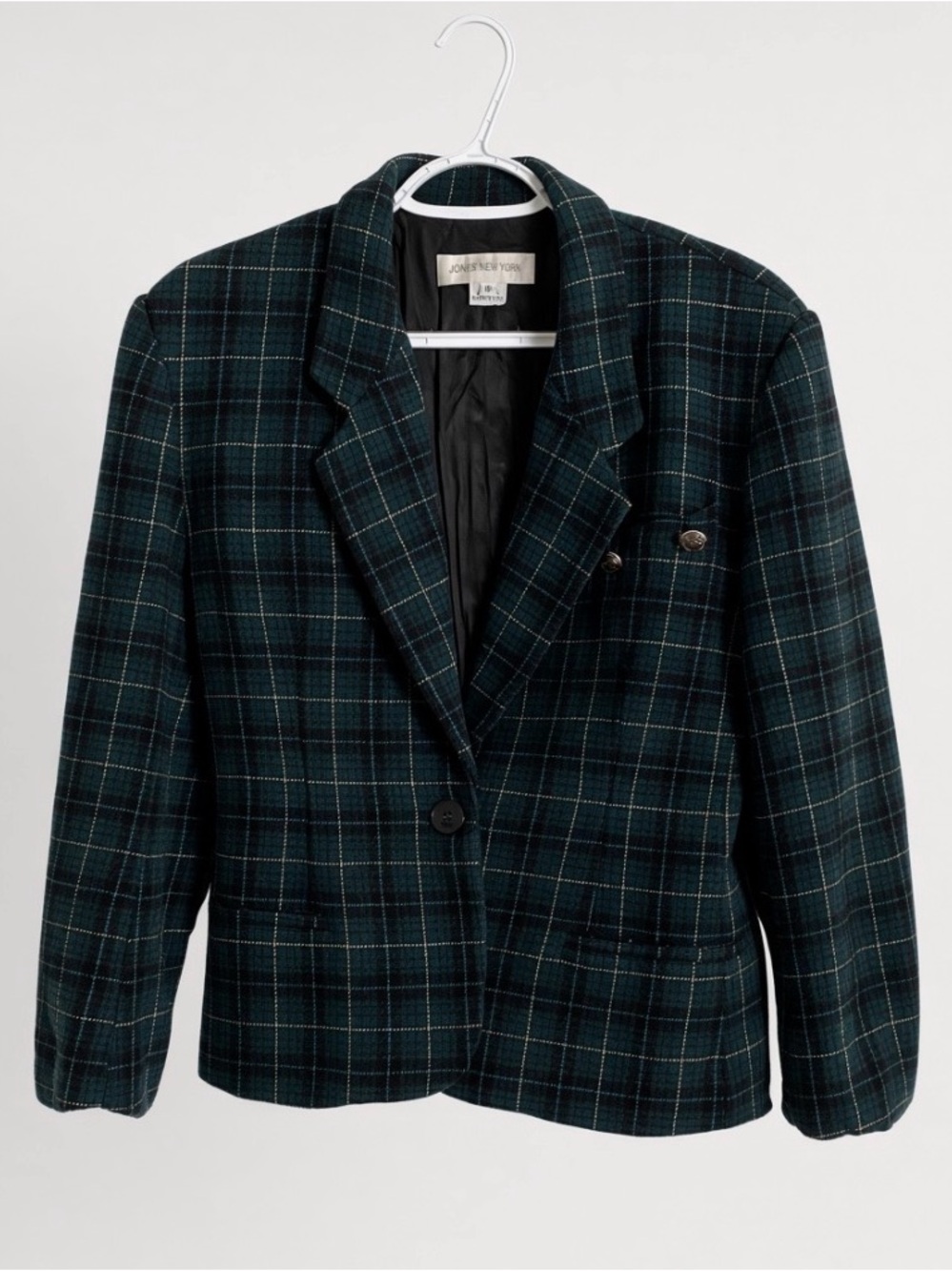 Vintage Jones New York 100% Wool Green Plaid Blazer – Size 8 Made in USA